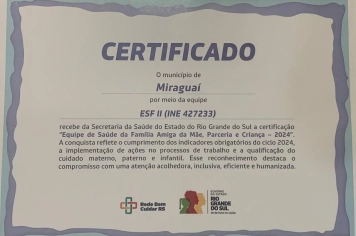 Foto relacionada - UNIDADE BÁSICA DE SAÚDE DE MIRAGUAÍ ESF2 É CERTIFICADA COMO EQUIPE AMIGA DA MÃE, PARCERIA E CRIANÇA